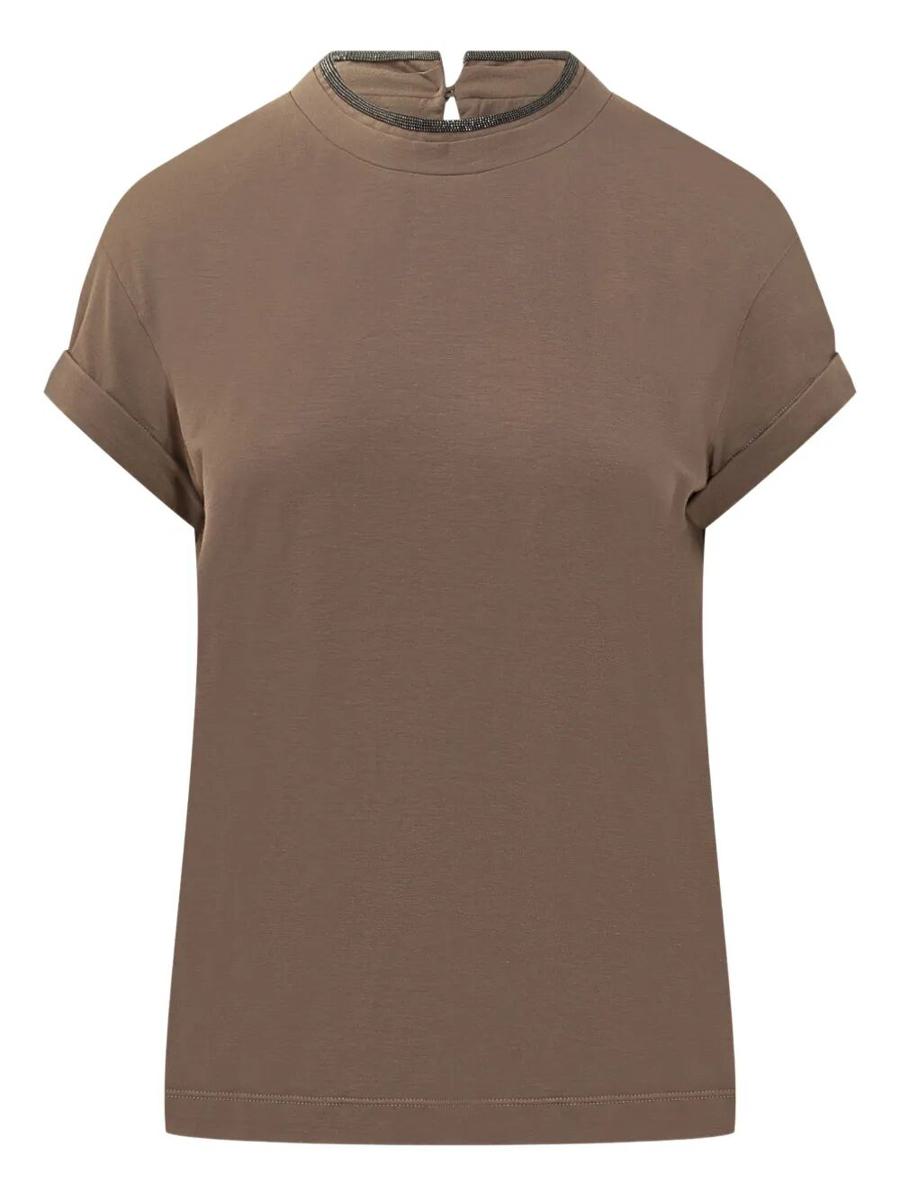 Brunello Cucinelli T-Shirt aus Stretch-Baumwolljersey mit edlem Kunstleder-Lagen-Look