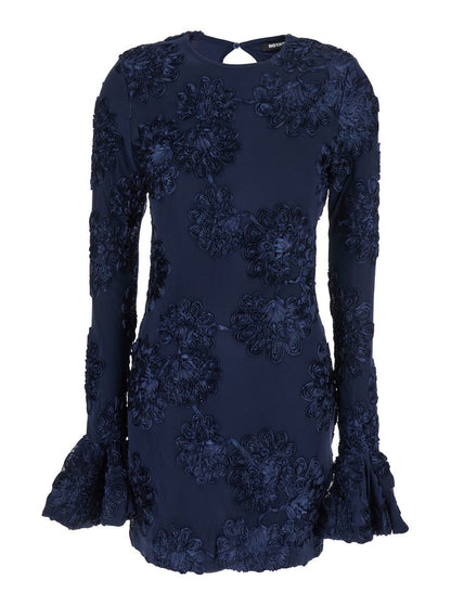 Blaues Kleid mit Mesh-Einsätzen und geprägten Blumen aus Stoff für Damen