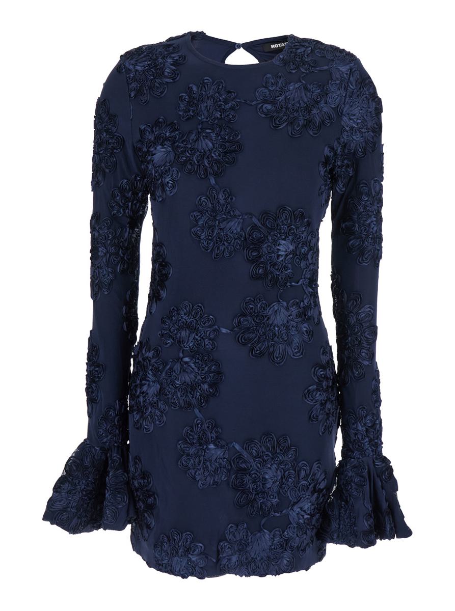 Blaues Kleid mit Mesh-Einsätzen und geprägten Blumen aus Stoff für Damen