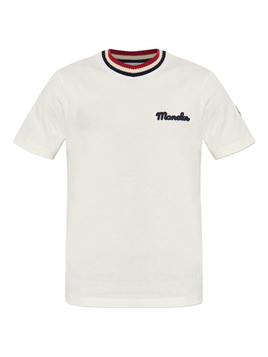 Moncler – Weißes Baumwoll-T-Shirt mit kontrastierendem, geripptem Streifenkragen und Logo