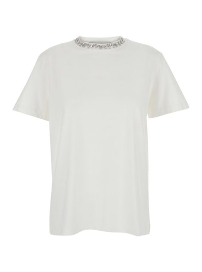 Weißes T-Shirt mit Rundhalsausschnitt und Strassverzierungen am Kragen und Logodetail auf der Rückseite aus Baumwolle für Damen