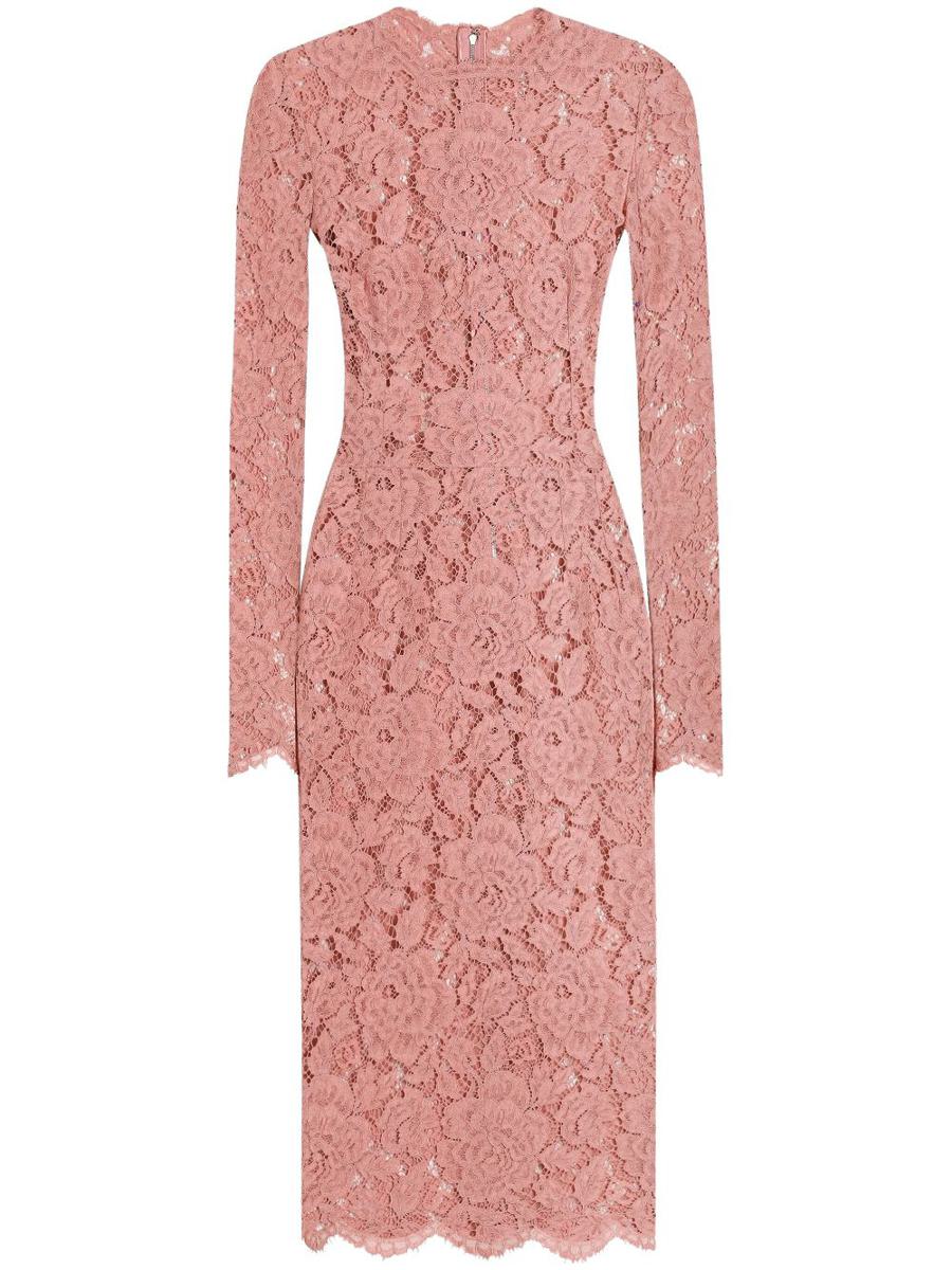 Dolce &amp; Gabbana – Figurbetontes, halbtransparentes Spitzenkleid in Rosa