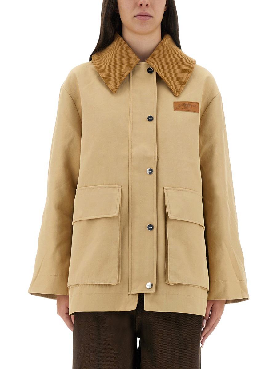 Ganni – Kamelfarbene Midijacke aus Twill