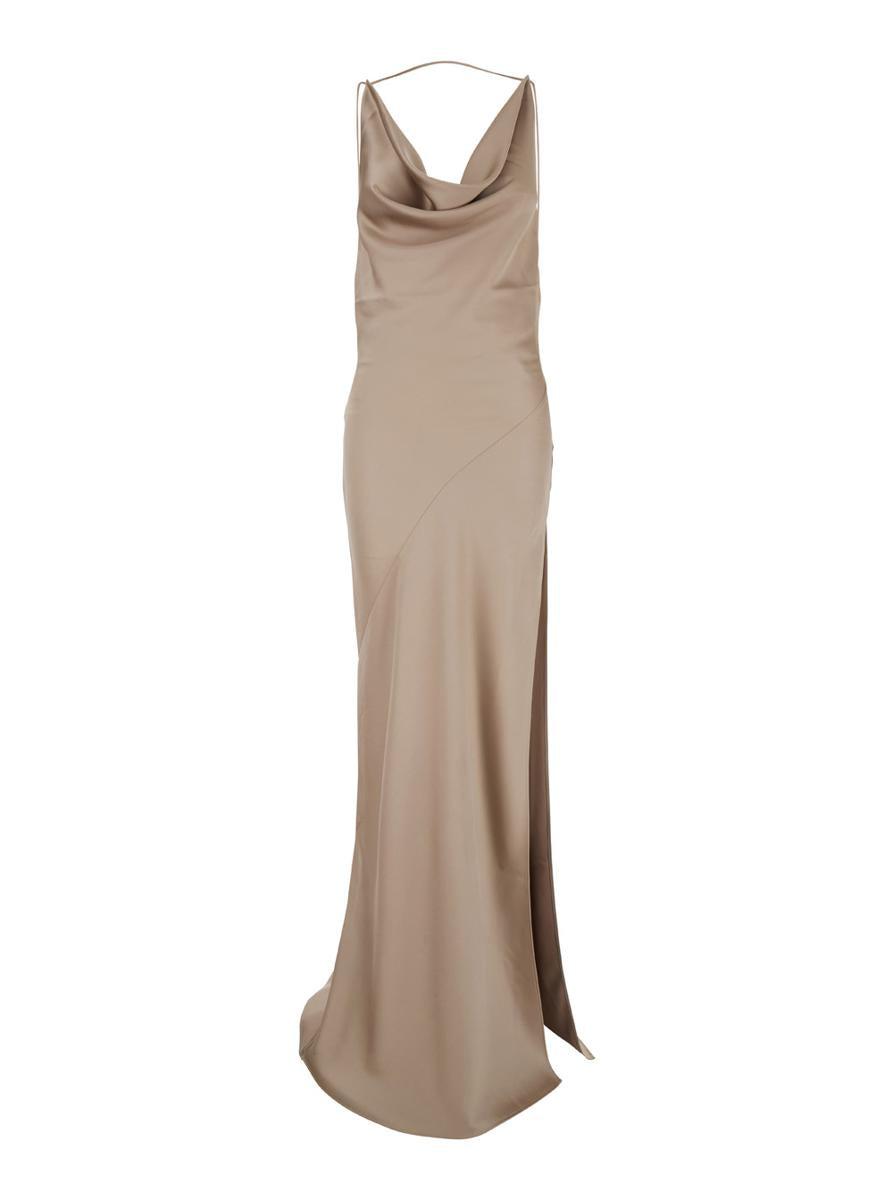 Langes Kleid „Vera“ in Beige mit Wasserfallausschnitt und offenem Rücken aus technischem Stoff