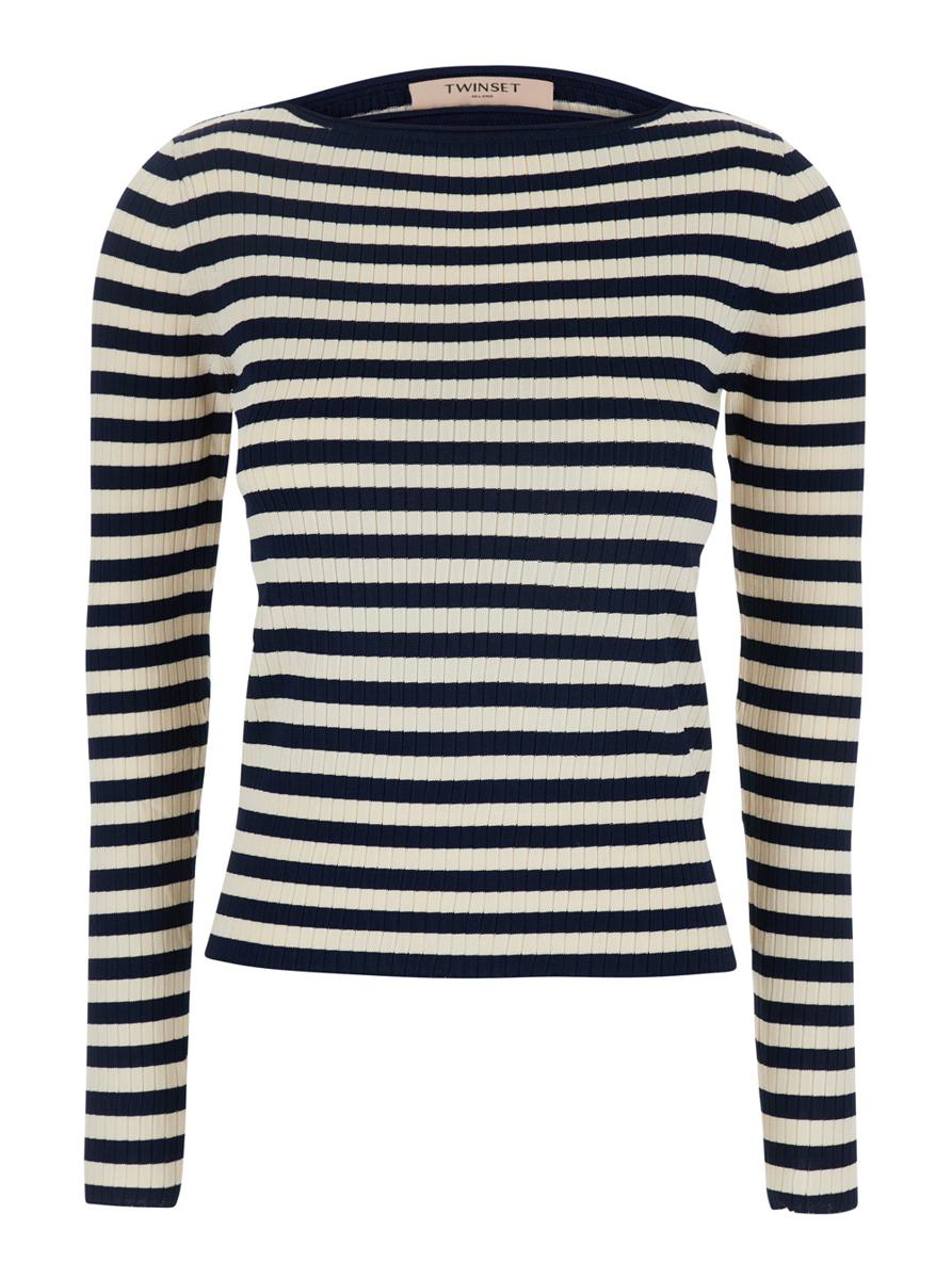 Weiß-schwarzes Top mit geripptem Design und durchgehendem Streifenmotiv aus Viskose für Damen