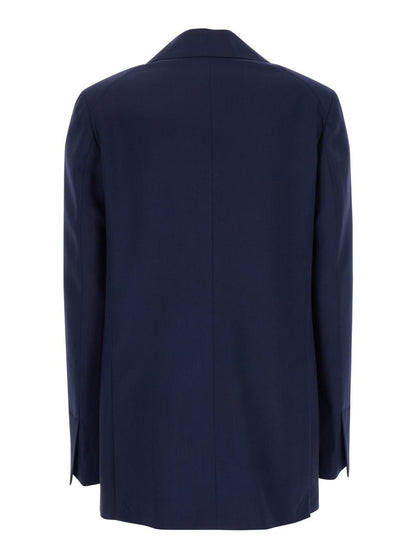 Blaue Einreiherjacke mit klassischem Revers aus technischem Stoff für Damen