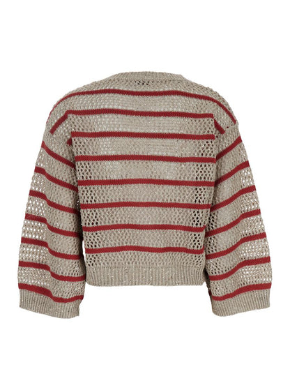 Beigefarbener Pullover „Dazzling Striped“ mit Streifenmotiv und Lochmuster aus Leinen für Damen