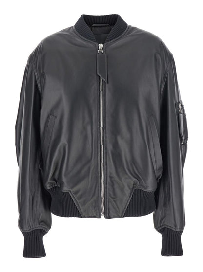 Schwarze Bomberjacke mit Reißverschluss aus Leder für Damen