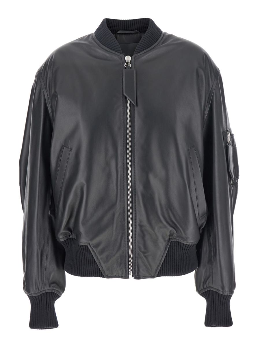 Schwarze Bomberjacke mit Reißverschluss aus Leder für Damen