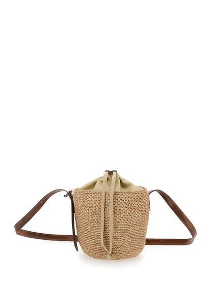 Beigefarbene Eimertasche „Maika“ mit Verschluss oben und Kordelzug aus Bast für Damen