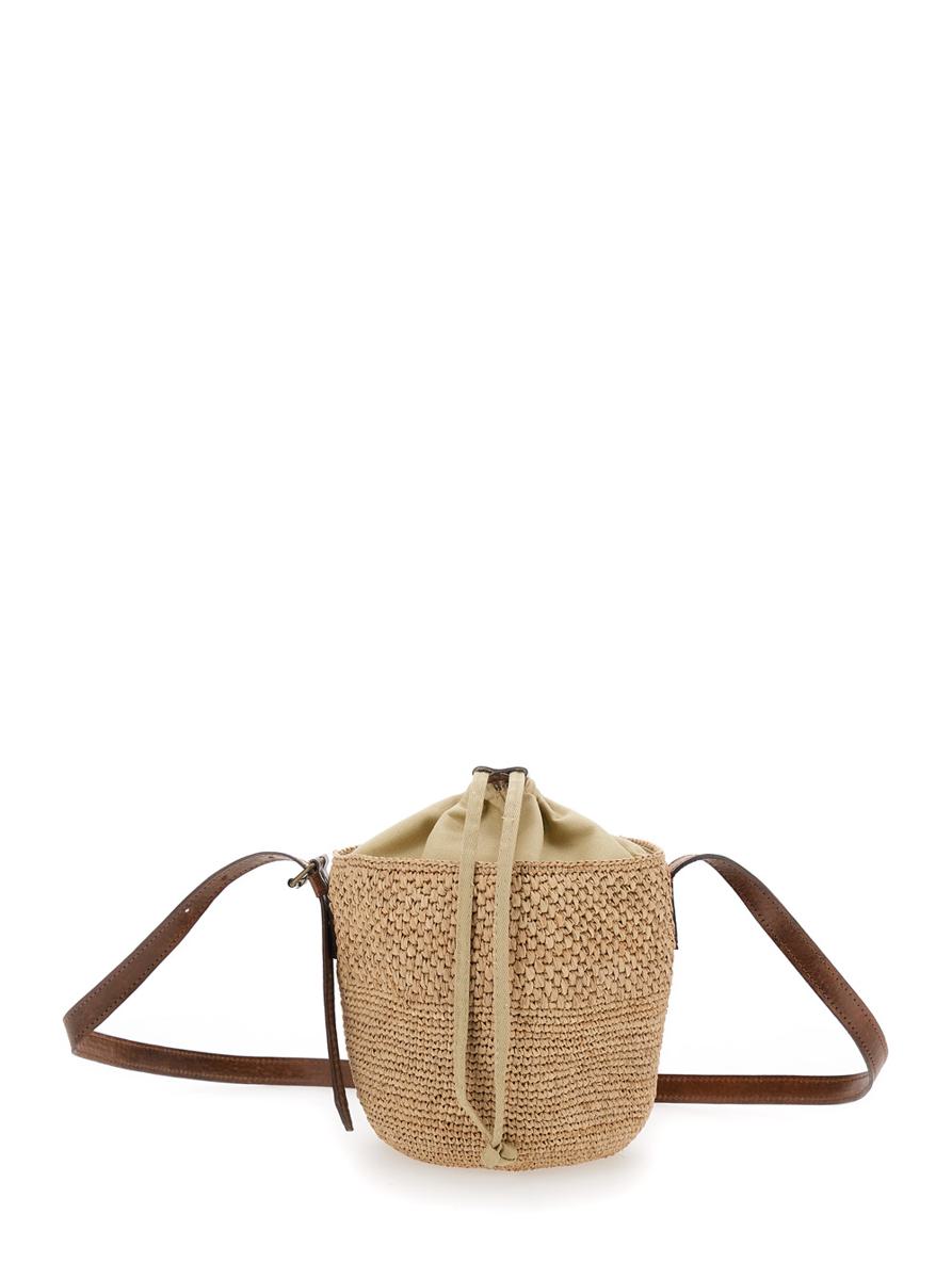 Beigefarbene Eimertasche „Maika“ mit Verschluss oben und Kordelzug aus Bast für Damen