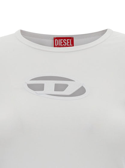 Weißes T-Shirt mit ovalem D-Ausschnitt aus Stretch-Baumwolle für Damen