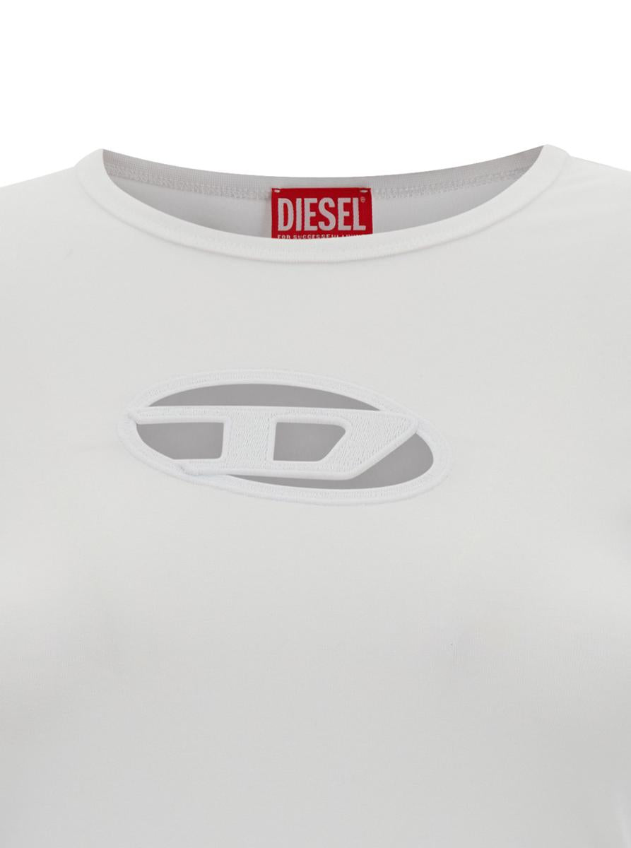Weißes T-Shirt mit ovalem D-Ausschnitt aus Stretch-Baumwolle für Damen