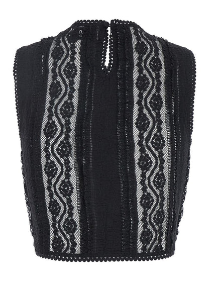 Schwarzes Top „Asteria“ mit Stickereidetails und halbtransparentem Design aus einer Mischung aus Baumwolle und technischem Stoff. Damen
