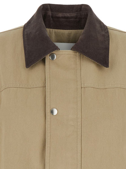 Beigefarbene Jacke mit Cordkragen und Druckknopfverschluss vorne aus Baumwolle für Damen