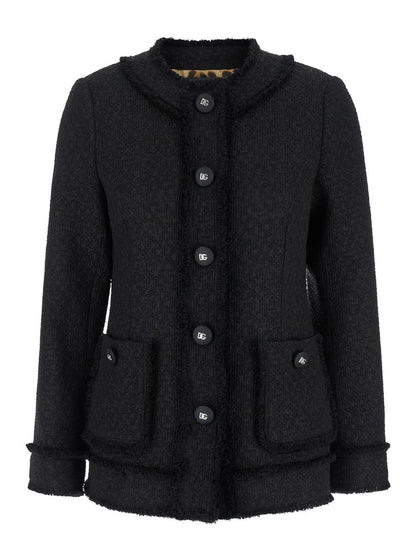 Schwarze einreihige Jacke mit Markenknopf aus Tweed für Damen