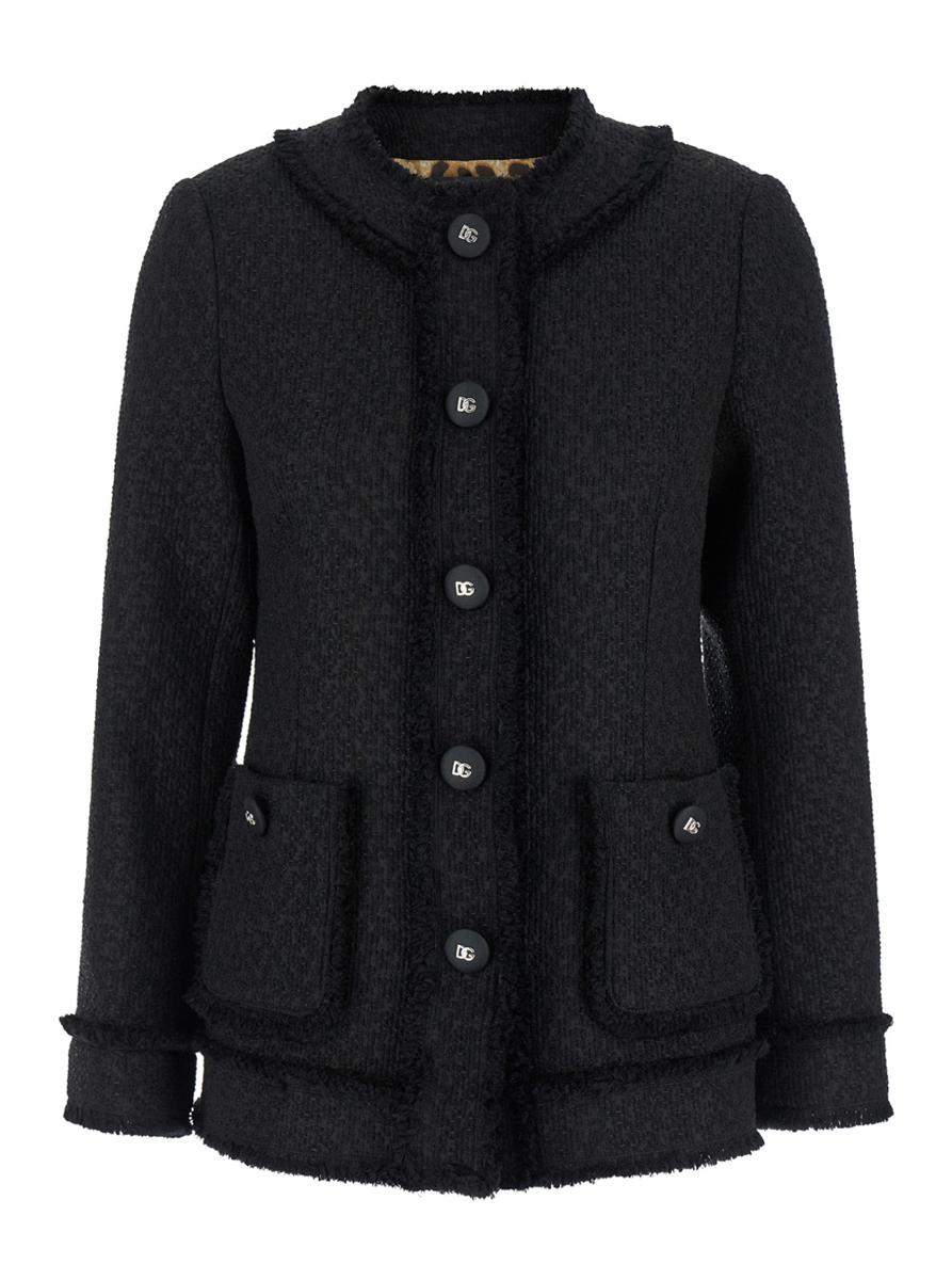 Schwarze einreihige Jacke mit Markenknopf aus Tweed für Damen