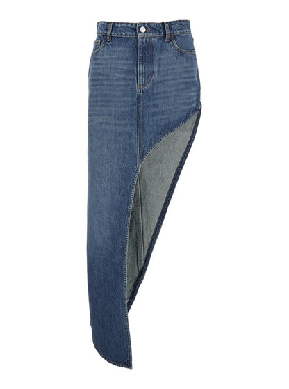 Blauer Rock mit Logo-Patch auf der Rückseite und diagonalem Einbeinschnitt aus Denim für Damen