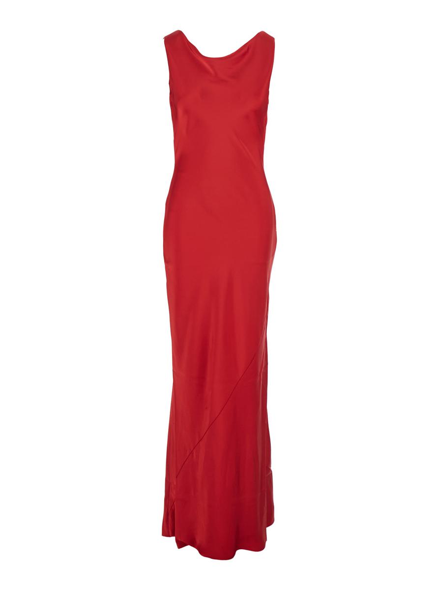 Rotes ärmelloses Kleid mit drapiertem Ausschnitt und tiefem Rückenausschnitt aus technischem Stoff für Damen