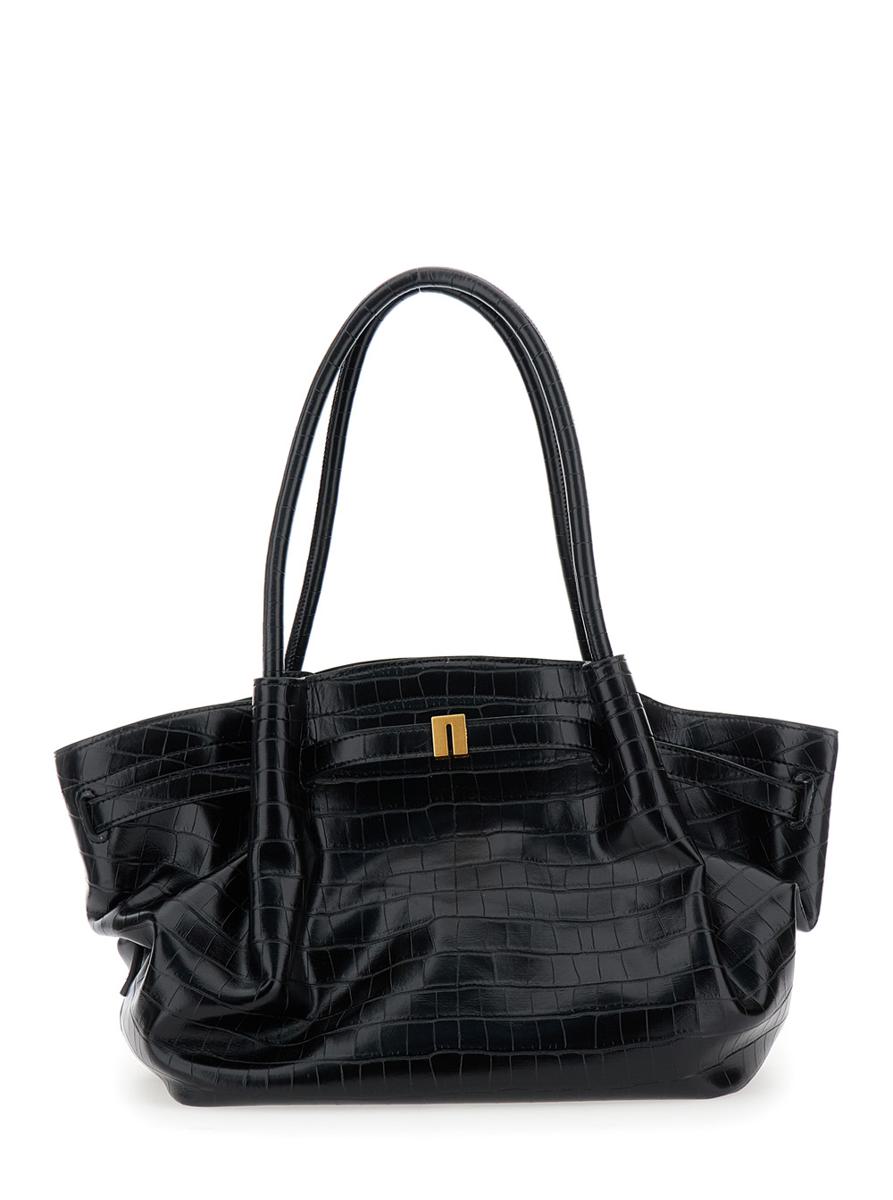 Schwarze Handtasche „Hana“ mit Logo-Plakette auf der Vorderseite und geprägtem Krokodileffekt aus Ökoleder für Damen