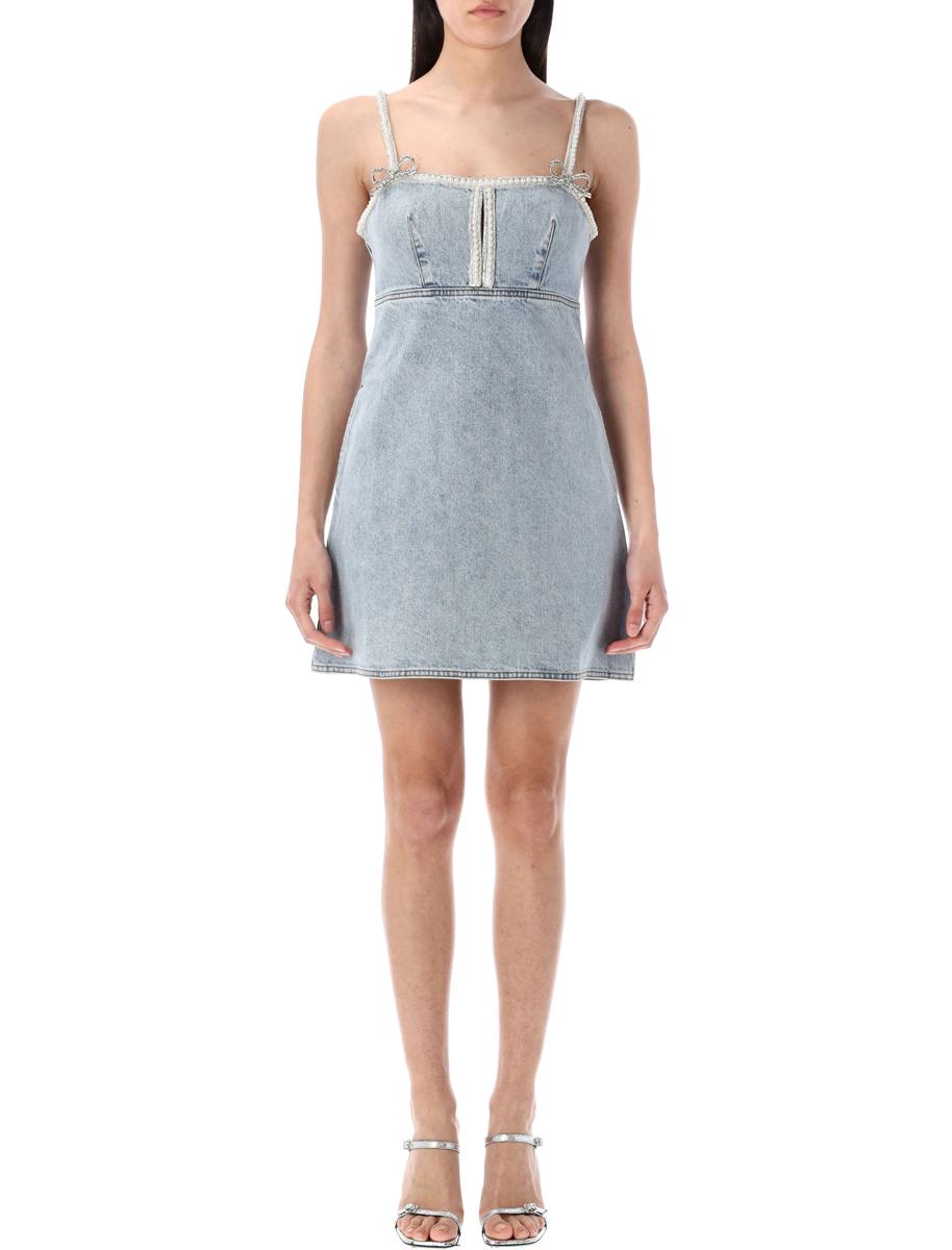 Self-Portrait – Minikleid aus Denim mit Perlen