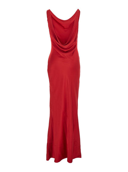 Rotes ärmelloses Kleid mit drapiertem Ausschnitt und tiefem Rückenausschnitt aus technischem Stoff für Damen