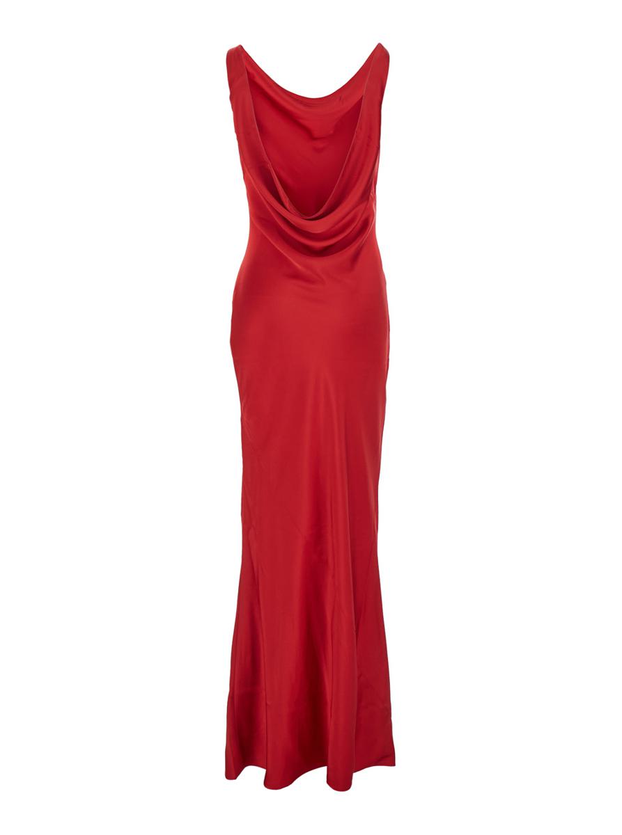 Rotes ärmelloses Kleid mit drapiertem Ausschnitt und tiefem Rückenausschnitt aus technischem Stoff für Damen