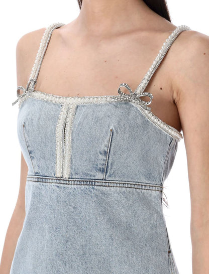 Self-Portrait – Minikleid aus Denim mit Perlen