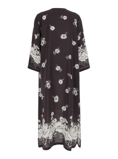 Schwarz-weißes langes Kleid mit V-Ausschnitt und durchgehendem Blumenmuster aus Seide für Damen