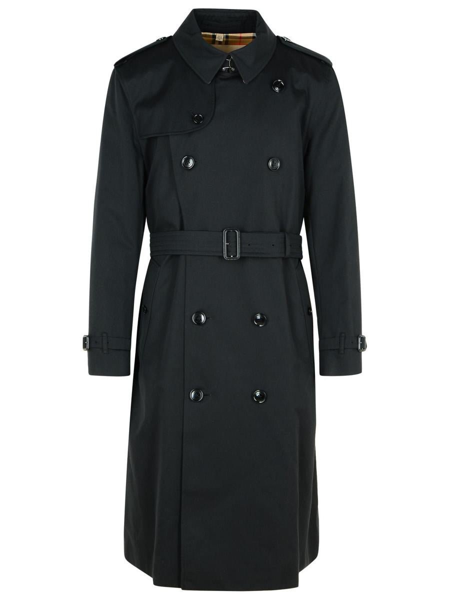 Burberry – Langer schwarzer Trenchcoat „Kensington“ aus Baumwolle