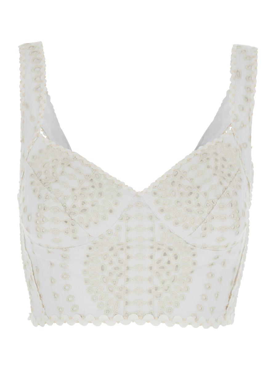Weißes Top „Goldie“ mit V-Ausschnitt vorne und perforiertem Design aus Baumwoll-Leinen-Mischgewebe für Damen