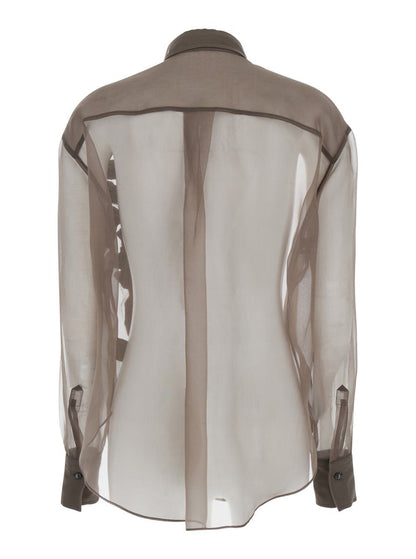 Braunes Hemd mit halbtransparentem Design und Stickerei auf der Vorderseite aus Seide für Damen
