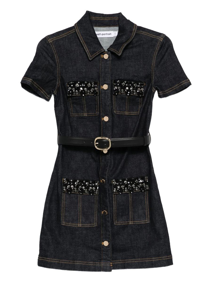 Self-Portrait – Indigoblaues Denim-Minikleid mit Kristallbesatz