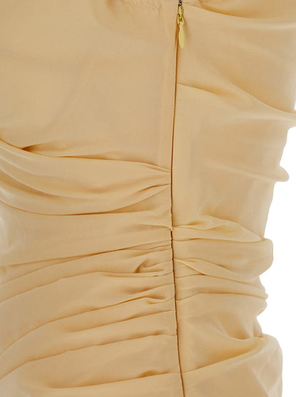 Beiges Kleid „The Rita“ mit V-Ausschnitt und drapierten Details aus Baumwolle