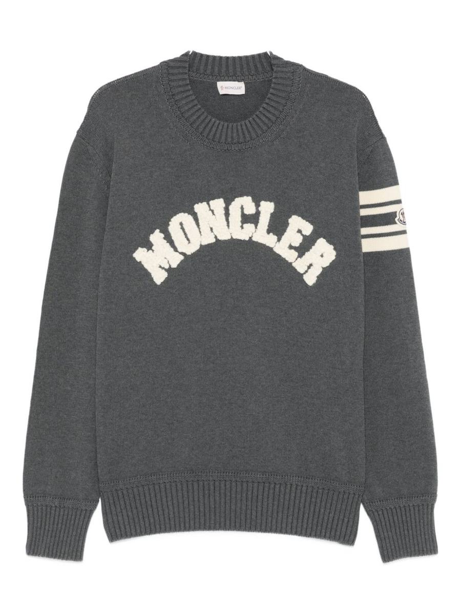 Moncler – Grauer Baumwollpullover mit Logo-Stickerei