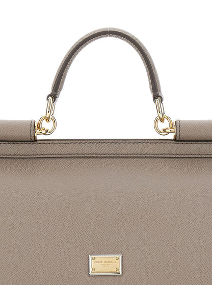 Graue Handtasche mit verstellbarem und abnehmbarem Schultergurt und Logo-Plakette auf der Vorderseite aus genarbtem Leder für Damen
