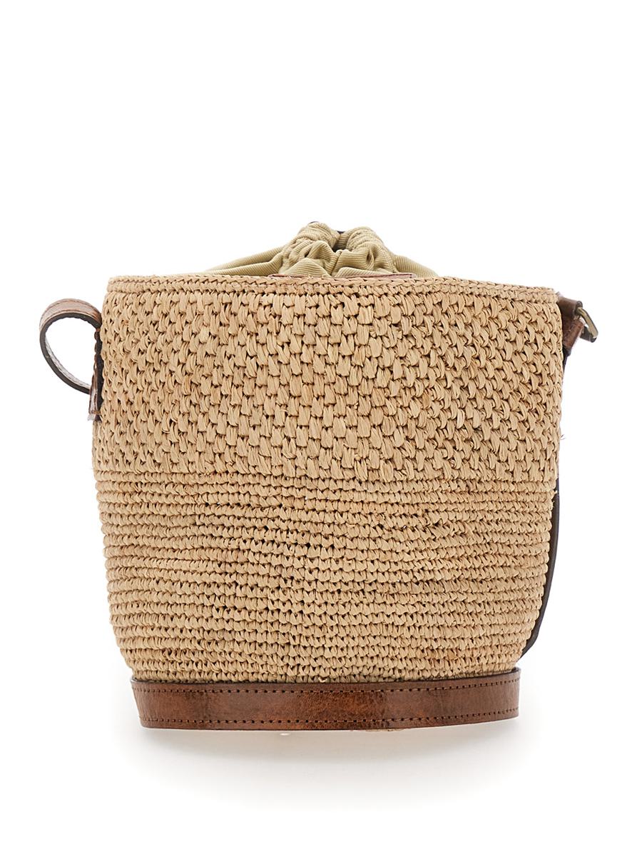 Beigefarbene Eimertasche „Maika“ mit Verschluss oben und Kordelzug aus Bast für Damen