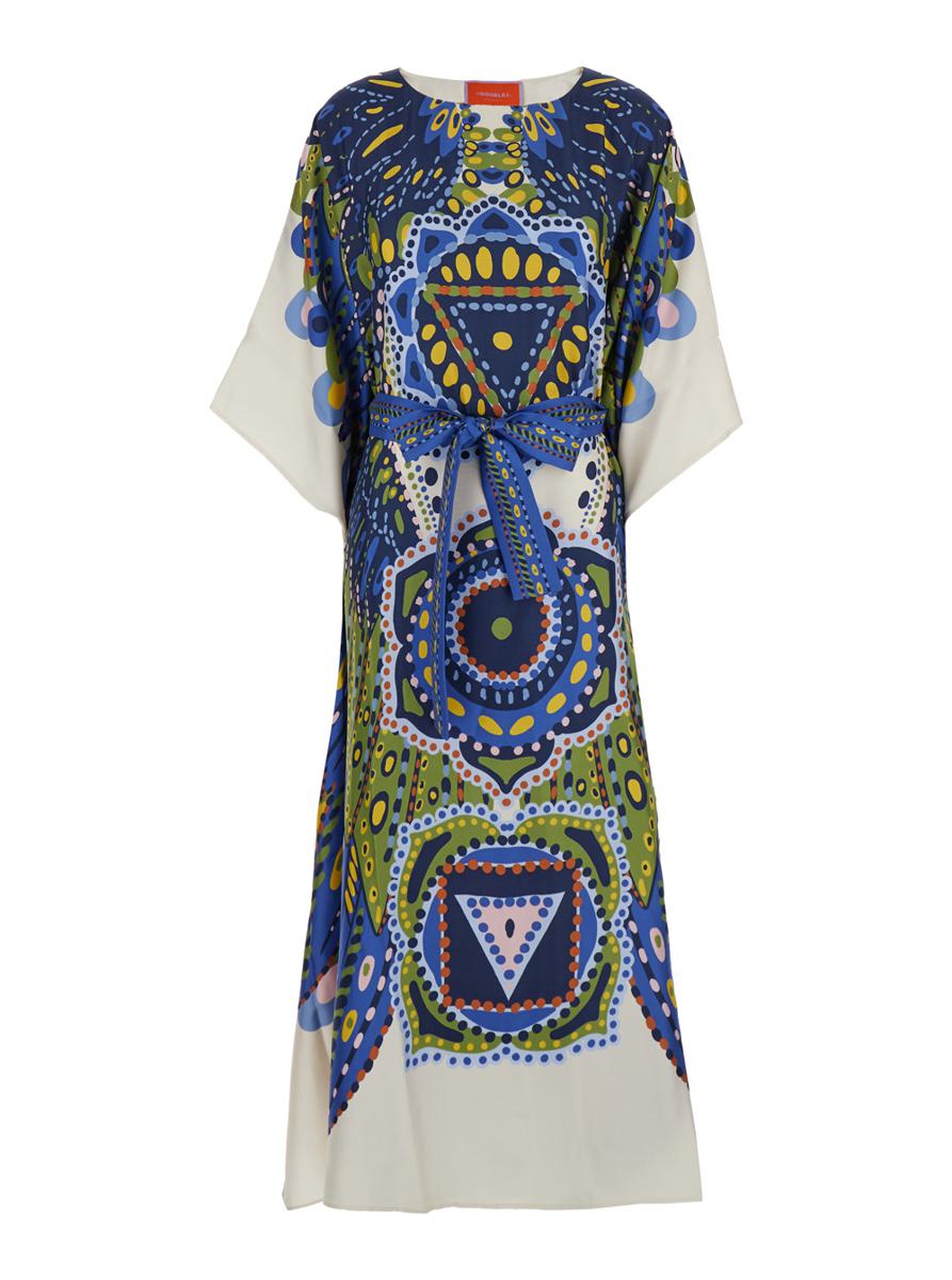 Mehrfarbiger Kaftan mit Gürtel in der Taille und durchgehendem Grafikdruck aus Seide für Damen