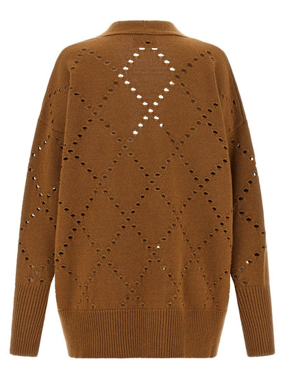 Hautfarbene Strickjacke mit Argyle-Ausschnitt