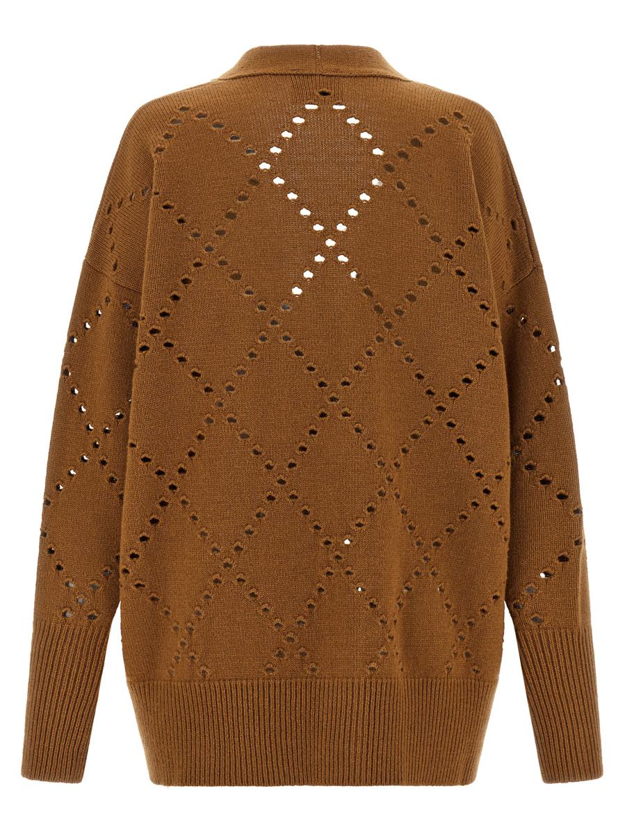 Hautfarbene Strickjacke mit Argyle-Ausschnitt