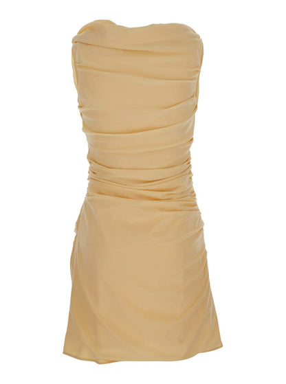 Beiges Kleid „The Rita“ mit V-Ausschnitt und drapierten Details aus Baumwolle