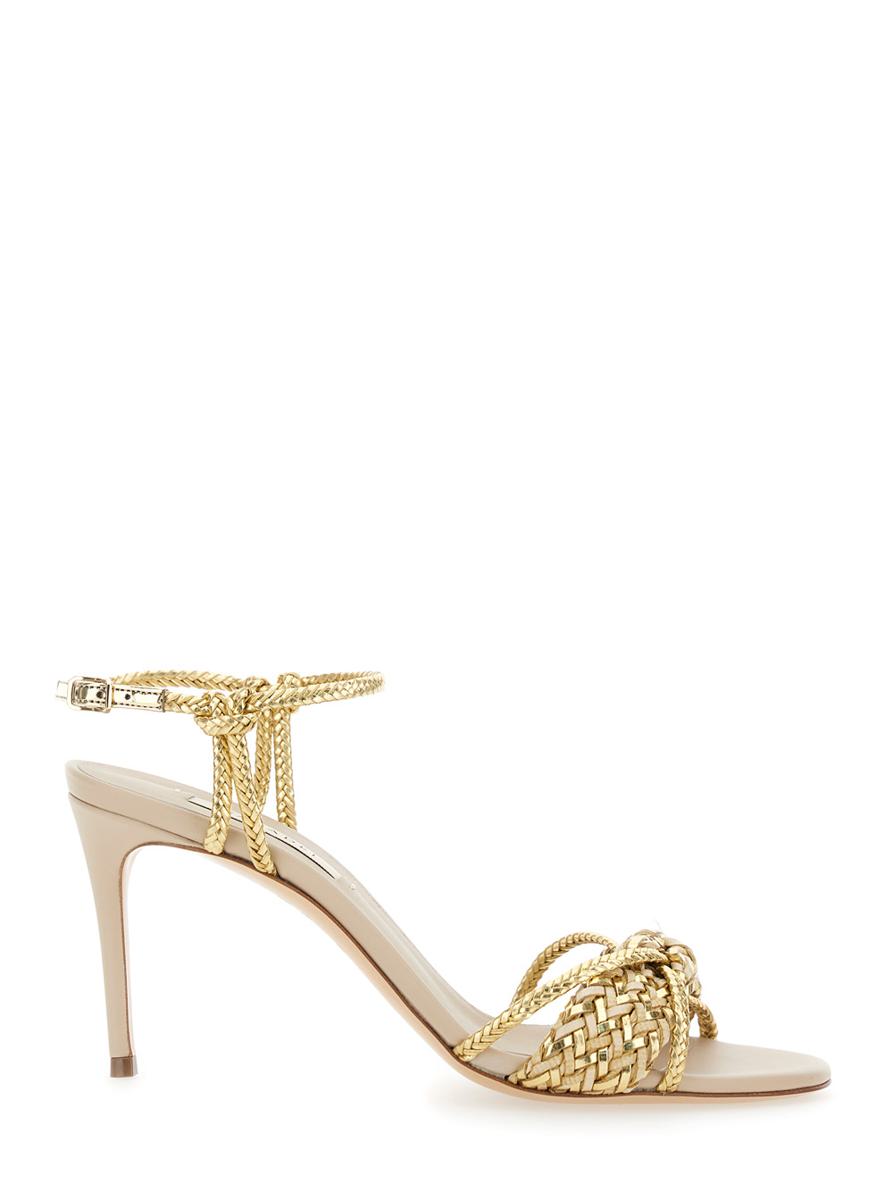 'Giulia Marbella' Goldfarbene Sandalen mit Schnallenverschluss und hohem Stilettoabsatz aus Stoff für Damen