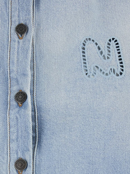 Hellblaues Crop-Shirt mit Logo auf der Vorderseite und perforierten Details aus Denim für Damen