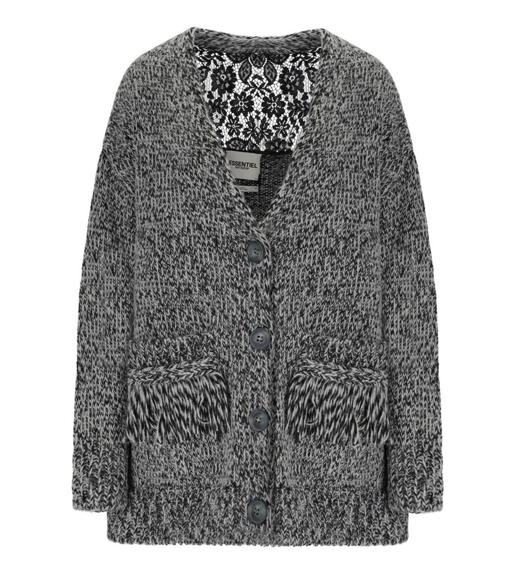 Essentiel Antwerp – Schwarze Strickjacke mit Spitzenbesatz