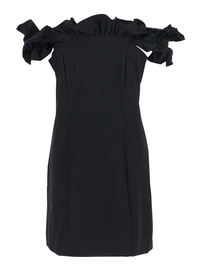 Schwarzes Kleid mit Rüschenverzierungen und Rüschendetails aus technischem Stoff für Damen