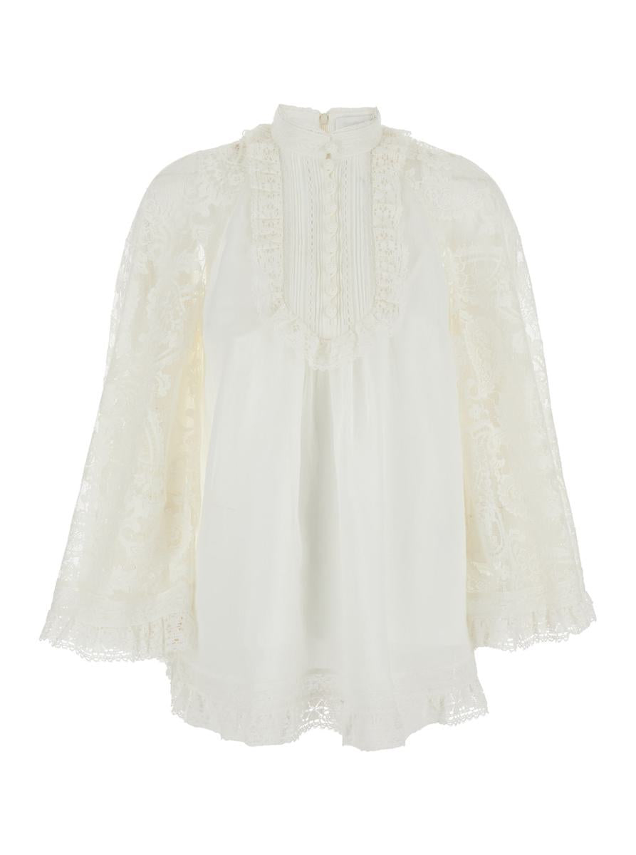 Weiße Bluse „Ascension“ mit Spitzeneinsätzen und Muschelsaum aus Ramie für Damen