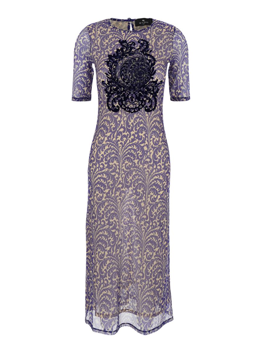 Blaues langes Kleid mit Maxi-Blumendruck auf der Vorderseite und Allover-Print aus technischem Stoff. Frau