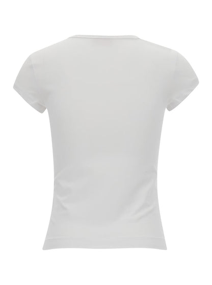 Weißes T-Shirt mit ovalem D-Ausschnitt aus Stretch-Baumwolle für Damen