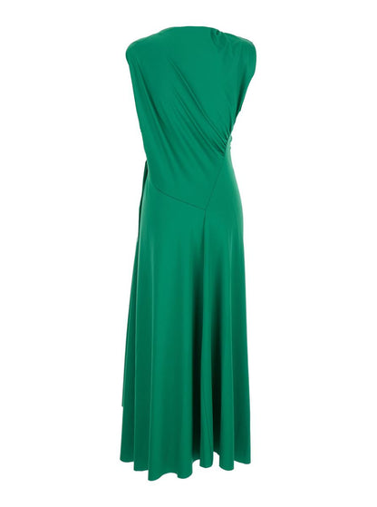 Grünes langes Kleid mit Plissee-Details aus technischem Stoff für Damen