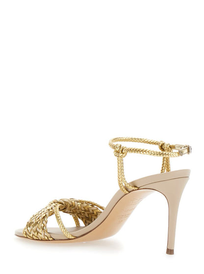'Giulia Marbella' Goldfarbene Sandalen mit Schnallenverschluss und hohem Stilettoabsatz aus Stoff für Damen